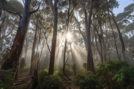 eucalyptus forest, with the sun shining through misty air, created with generative aiの素材