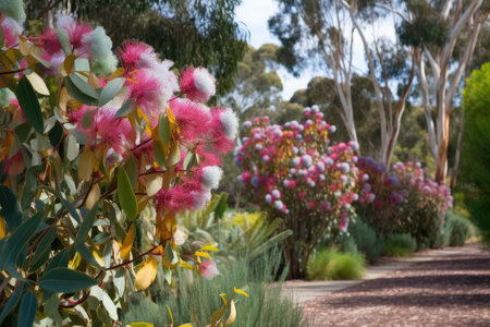 eucalyptus flower garden, with different varieties of flowers in bloom, created with generative aiの素材
