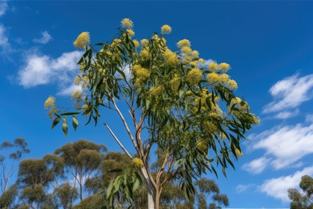 eucalyptus tree blooming with white and yellow flowers in the background of a blue sky, created with generative aiの素材