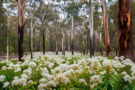 eucalyptus forest with blooming flowers in the background, created with generative aiの素材