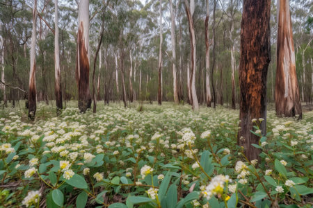 eucalyptus forest with blooming flowers in the background, created with generative aiの素材