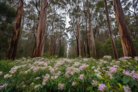 eucalyptus forest with blooming flowers in the background, created with generative aiの素材
