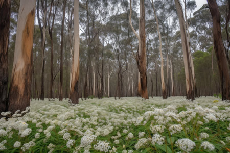 eucalyptus forest with blooming flowers in the background, created with generative aiの素材