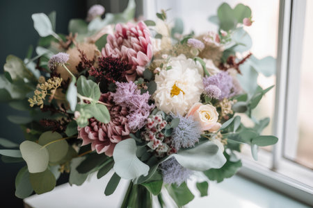 eucalyptus flower bouquet, with a mix of different blooms in varying shades, created with generative aiの素材
