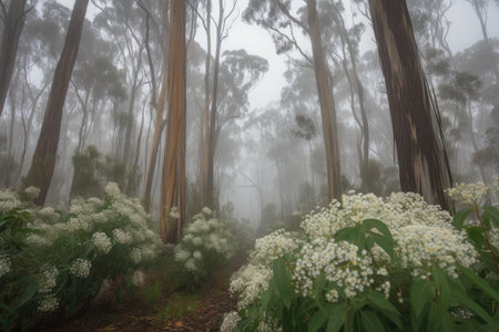 eucalyptus forest with flowers, blooming trees and misty skies, created with generative aiの素材
