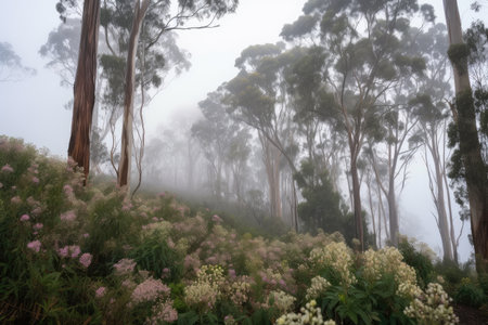 eucalyptus forest with flowers, blooming trees and misty skies, created with generative aiの素材