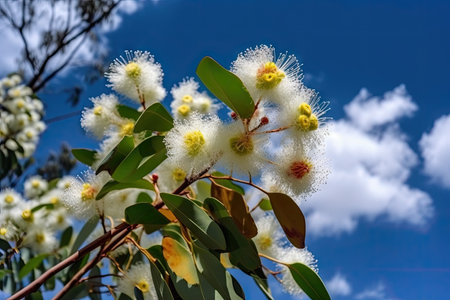 eucalyptus flower blooms in the clear blue sky, surrounded by fluffy clouds, created with generative aiの素材