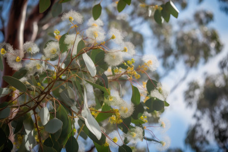 eucalyptus tree, with delicate flowers blooming on the breeze, created with generative aiの素材