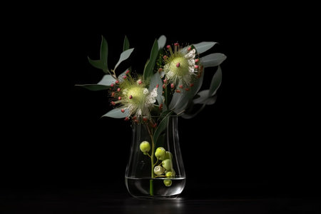 eucalyptus flower in glass vase on black background, created with generative aiの素材