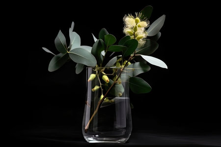 eucalyptus flower in glass vase on black background, created with generative aiの素材