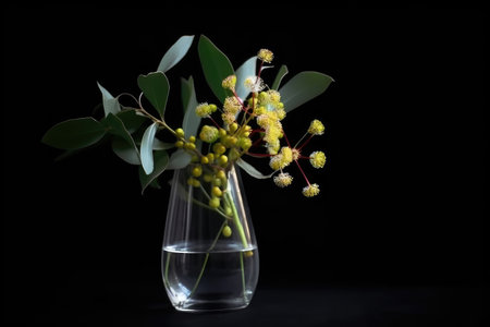 eucalyptus flower in glass vase on black background, created with generative aiの素材