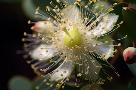 close-up of eucalyptus flower, with its delicate petals and unique fragrance, created with generative aiの素材