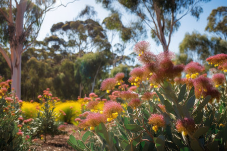 eucalyptus flower garden in full bloom in sunny spot, created with generative aiの素材
