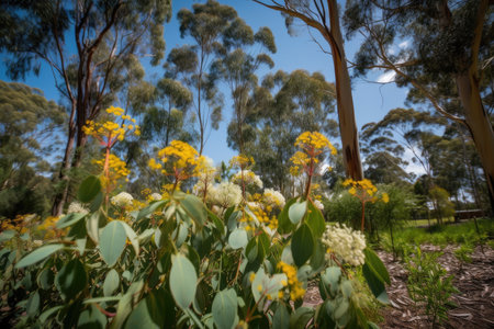 eucalyptus flower garden in full bloom in sunny spot, created with generative aiの素材