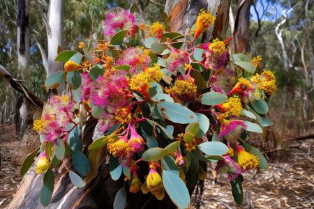 colorful mix of eucalyptus flowers, bringing a burst of color to the forest, created with generative aiの素材