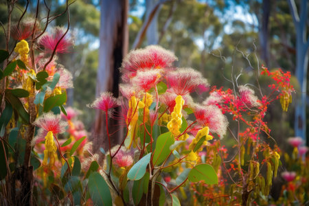 colorful mix of eucalyptus flowers, bringing a burst of color to the forest, created with generative aiの素材