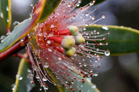 close-up of eucalyptus flower, with dewdrop visible, created with generative aiの素材