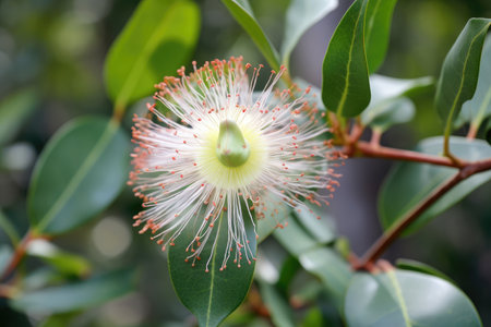 eucalyptus flower in full bloom, surrounded by green foliage, created with generative aiの素材