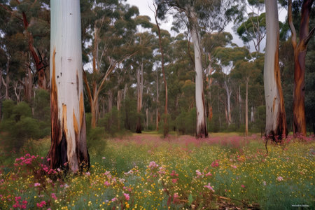 eucalyptus grove with rainbow of flowers in full bloom, created with generative aiの素材