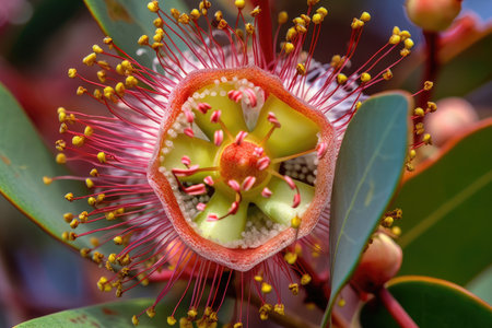 close-up of eucalyptus flower, with intricate details and vibrant colors visible, created with generative aiの素材