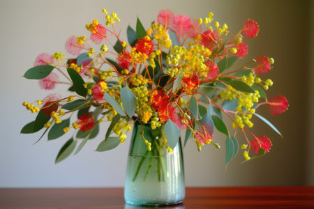 brightly colored eucalyptus flowers in a vase, created with generative aiの素材