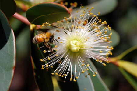 eucalyptus flower in full bloom, with a bee enjoying the nectar, created with generative aiの素材