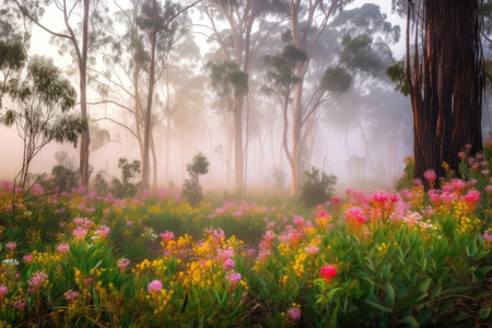 eucalyptus forest with misty morning sunrise, and colorful flowers, created with generative aiの素材