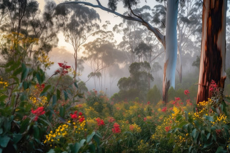 eucalyptus forest with misty morning sunrise, and colorful flowers, created with generative aiの素材