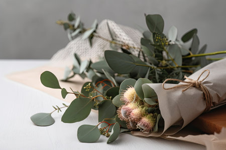 eucalyptus flower bouquet wrapped with twine, created with generative aiの素材