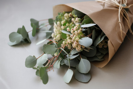 eucalyptus flower bouquet wrapped with twine, created with generative aiの素材