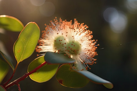 eucalyptus flower blooming in the morning light, created with generative aiの素材