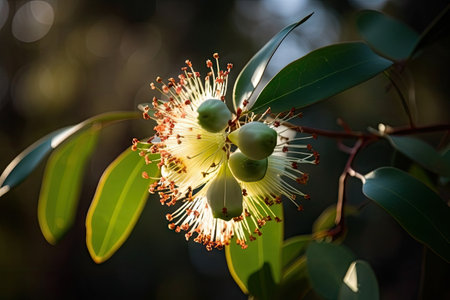 eucalyptus flower blooming in the morning light, created with generative aiの素材