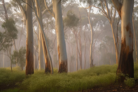 eucalyptus grove with misty morning light, created with generative aiの素材