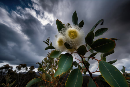 eucalyptus flower against a dramatic sky, with storm clouds rolling in, created with generative aiの素材