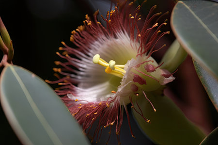 close-up of eucalyptus flower, with its velvety texture and intricate details visible, created with generative aiの素材