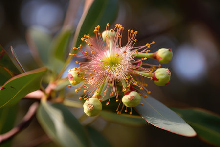 eucalyptus flower bursting into bloom, with the buds visible, created with generative aiの素材