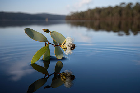 eucalyptus blossom, floating on calm lake, created with generative aiの素材