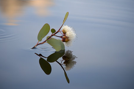 eucalyptus blossom, floating on calm lake, created with generative aiの素材