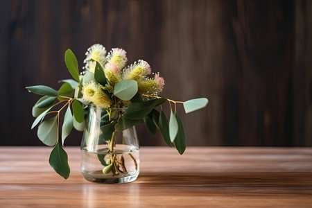 eucalyptus blossom in a glass vase on wooden table, created with generative aiの素材