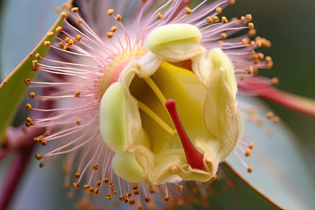 close-up of eucalyptus flower, with its beautiful and intricate petals in full bloom, created with generative aiの素材