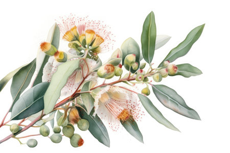 eucalyptus flower in watercolor painting, with the rest of the image painted in pastel shades, created with generative aiの素材