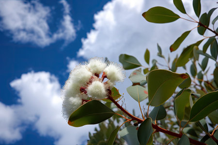 eucalyptus flower in full bloom, surrounded by fluffy clouds, created with generative aiの素材