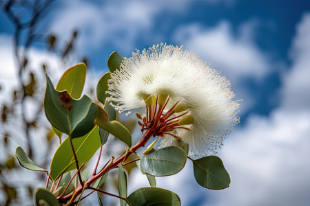 eucalyptus flower in full bloom, surrounded by fluffy clouds, created with generative aiの素材