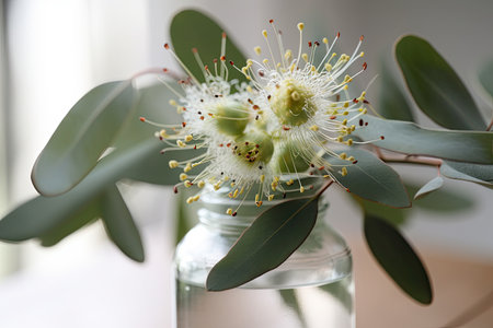 eucalyptus flower in a jar, showing off its delicate petals and leaves, created with generative aiの素材