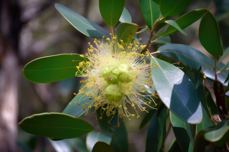 eucalyptus flower in full bloom, surrounded by green foliage, created with generative aiの素材