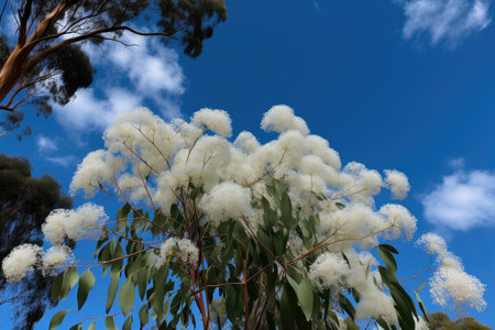 eucalyptus tree with white blooms against blue sky, created with generative aiの素材