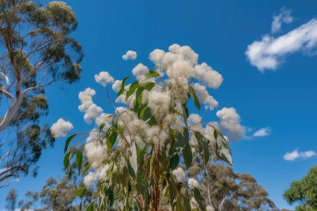 eucalyptus tree with white blooms against blue sky, created with generative aiの素材