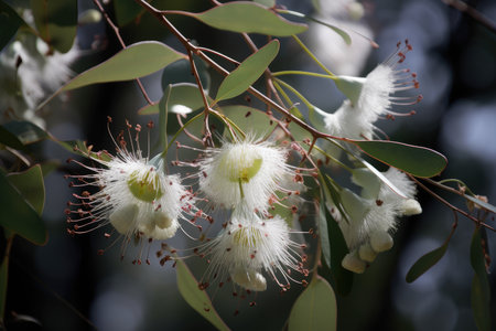 eucalyptus blooms in the wind, their delicate petals fluttering, created with generative aiの素材