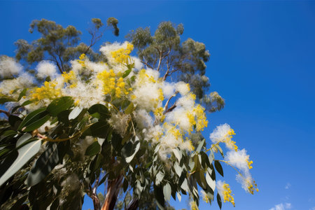 eucalyptus tree with blooming flowers and clear blue sky in the background, created with generative aiの素材