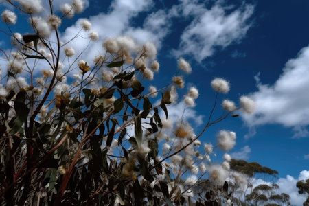 eucalyptus blossoms in the wind, with clouds and blue sky in the background, created with generative aiの素材